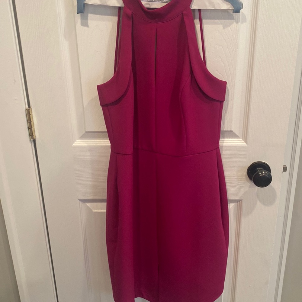 Magenta Pink cocktail dress, knee length, halter style
